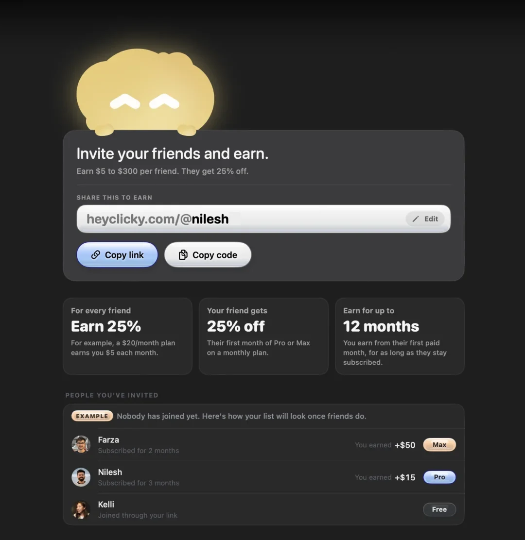 The Invite & earn page: a heysen.click/@username link with Copy link and Copy code buttons, the 25% terms, and the people you've invited
